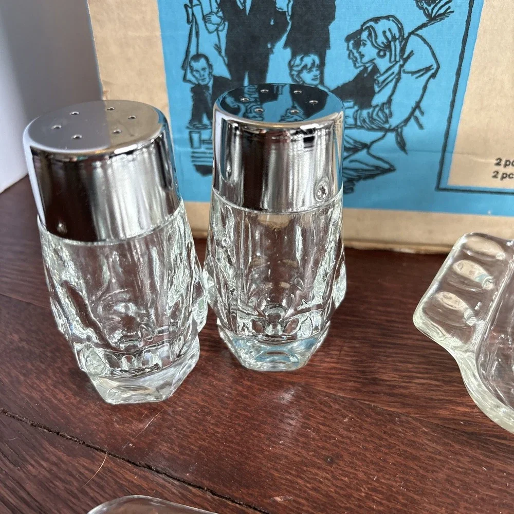 Vintage Hazelware 8 pc. Crystal Table Set In Box S&P, Cream, Sugar, Butter, Tray